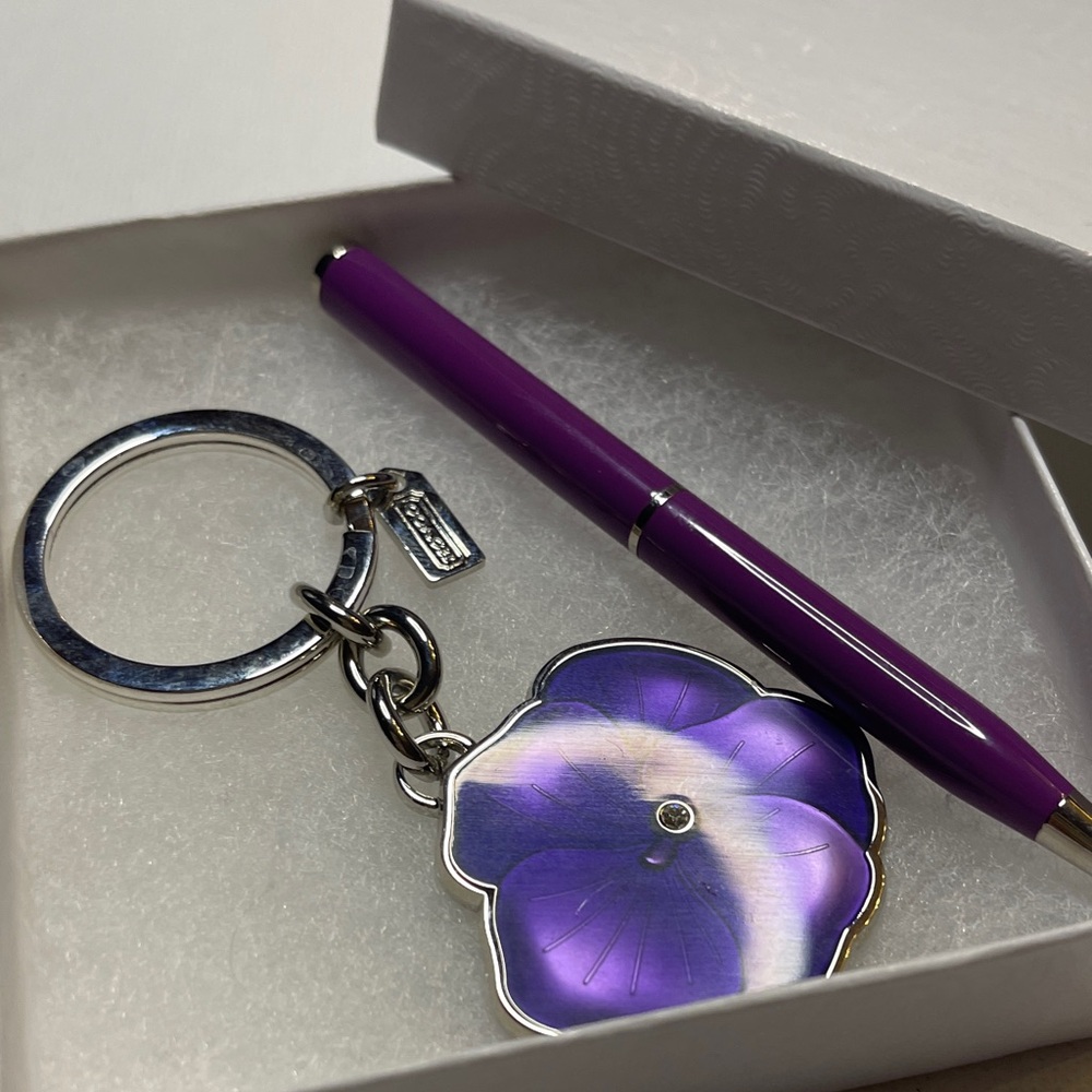 Coach Purple Tea Rose Flower Keychain and Coach Pen Set - Picture 5 of 5